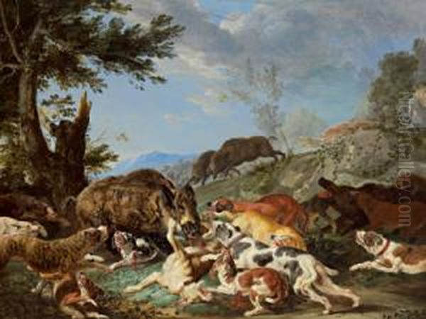 La Caccia Al Cinghiale Oil Painting by Carl Borromaus Andreas Ruthart