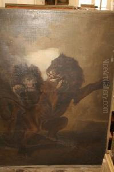 Unframed Oil On Canvas Two Lions 55 X 41in Oil Painting by Carl Borromaus Andreas Ruthart