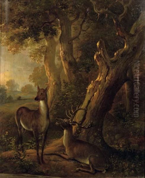 A Deer And A Stag In A Wooded Landscape Oil Painting by Carl Borromaus Andreas Ruthart