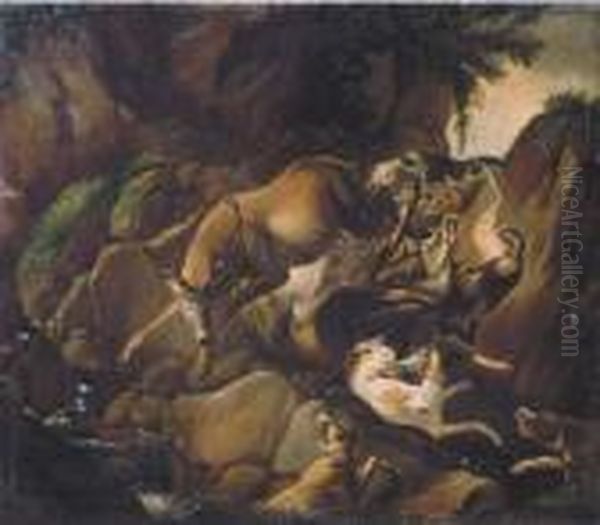 Hounds Attacking Two Deer In A Rocky River Landscape Oil Painting by Carl Borromaus Andreas Ruthart