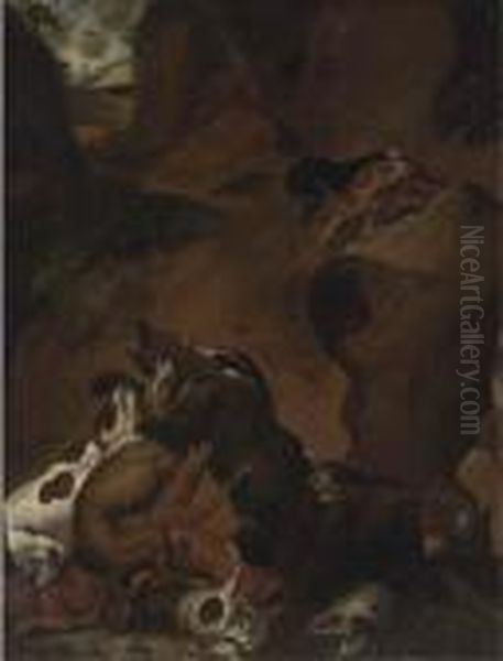 A Mountain Track With Dogs Attacking Bears Oil Painting by Carl Borromaus Andreas Ruthart