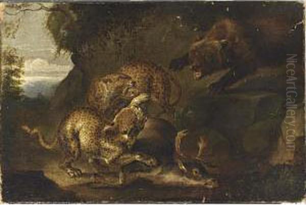 A Bear Attacking Leopards, A Deer Lying On The Woodland Soil Oil Painting by Carl Borromaus Andreas Ruthart