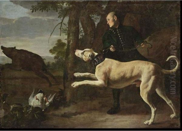 A Huntsman With His Hound 
Chasing A Boar In A Wooded Landscape, Ducks In A Pond In The Foreground Oil Painting by Carl Borromaus Andreas Ruthart