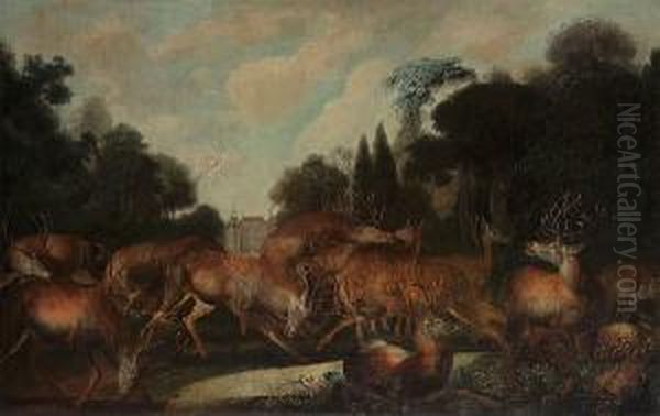 A Wooded Landscape With Stags And Hinds By A Stream, A 
 In The Distance Oil Painting by Carl Borromaus Andreas Ruthart