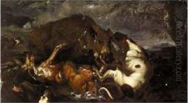 Wild Boar Hunt Oil Painting by Carl Borromaus Andreas Ruthart