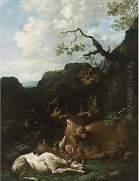 An Elk, An Albino Stag And A 
Deer Resting Under A Tree In A Mountainous Wooded Landscape Near A 
Waterfall Oil Painting by Carl Borromaus Andreas Ruthart