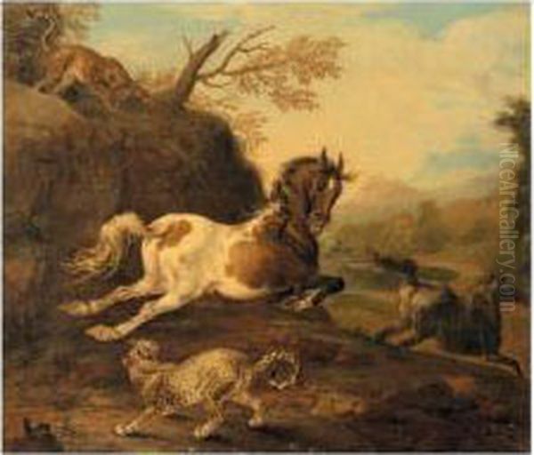 A Mountainous Landscape With A Tiger And Leopard Attacking Wild Horses Oil Painting by Carl Borromaus Andreas Ruthart