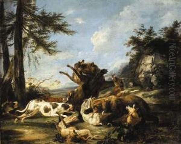 Bears And Hounds Fighting In A Landscape Oil Painting by Carl Borromaus Andreas Ruthart