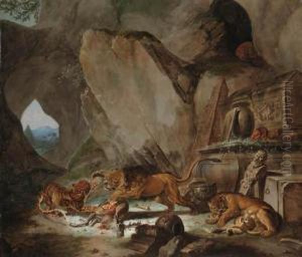 A Lion And A Tiger Fighting Over
 A Fallen Stag Before A Classical Sarcophagus In A Cave, A Landscape 
With A Pyramid Beyond Oil Painting by Carl Borromaus Andreas Ruthart