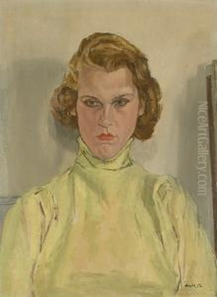 Portrait Of A Lady In A Yellow Top by Albert Rutherston