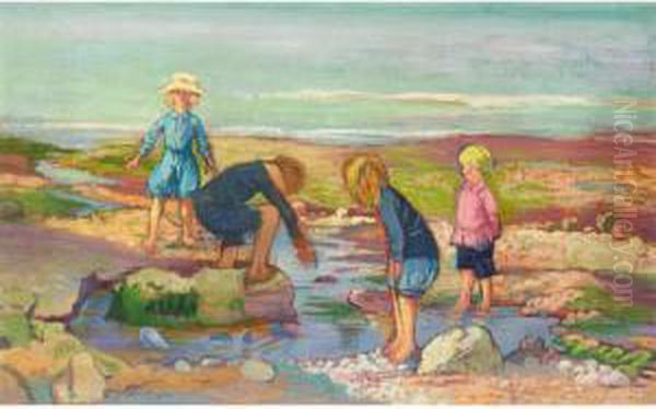 The Rothenstein Children (john, Rachel, Betty, Billy) At Vaucottes-sur-mer by Albert Rutherston