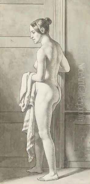 Florentine, nude, standing by a door holding a length of cloth Oil Painting by Christoffer Wilhelm Eckersberg