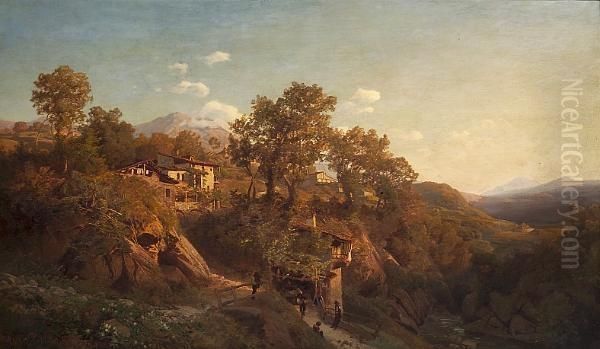 An Italianate Landscape With A Group Of Figures Outside A House In The Foreground Oil Painting by Valentin Ruths