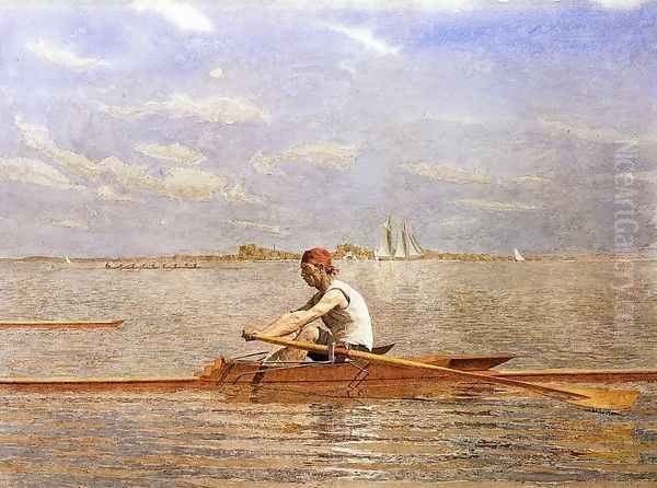 John Biglin in a Single Scull I Oil Painting by Thomas Cowperthwait Eakins