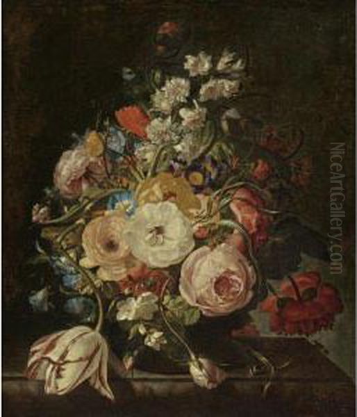 A Still Life Of Roses, A Tulip Oil Painting by Rachel Ruysch