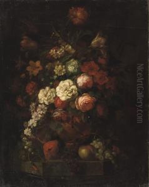 Pink Roses, Tulips And Various 
Other Flowers In A Vase Together With Red And Blue Grapes And Apples On A
 Ledge Oil Painting by Rachel Ruysch