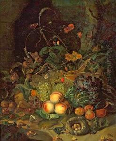 A Still Life With Flowers, Fruits Andinsects Oil Painting by Rachel Ruysch