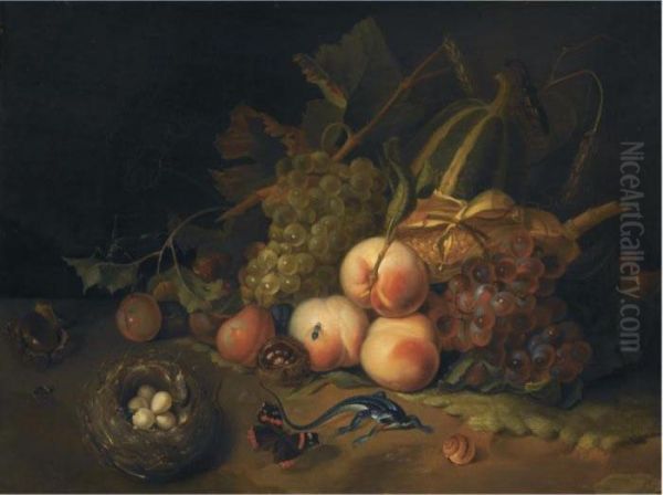 A Still Life Of Peaches, Blue 
And White Grapes, Prunes And Corn,together With A Bird's Nest, A 
Butterfly, A Lizard And Otherinsects Oil Painting by Rachel Ruysch