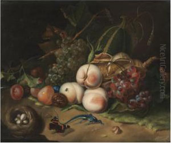 A Forest Floor Still Life With 
Horse Chestnuts, Peaches, Grapes, Abird's Nest And A Lizard Oil Painting by Rachel Ruysch