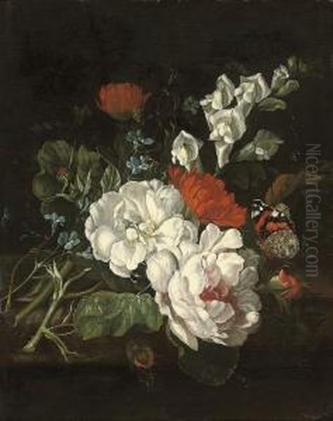 Roses, Marigolds And Snap Dragons On A Ledge With A Red Admiralbutterfly Oil Painting by Rachel Ruysch