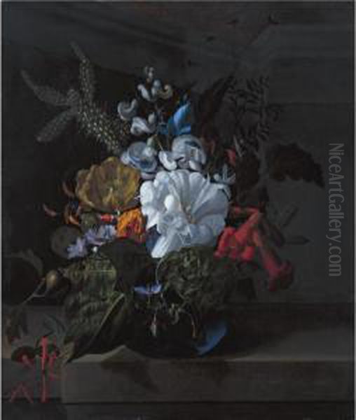 A Still Life With Devil's 
Trumpet, A Cactus, A Fig Branch, Honeysuckle And Other Flowers In A Blue
 Glass Vase Resting On A Ledge Oil Painting by Rachel Ruysch