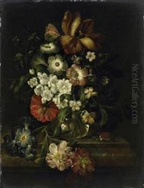 Still Life With A Bouquet Of Flowers And Insects On A Marble Top Oil Painting by Rachel Ruysch