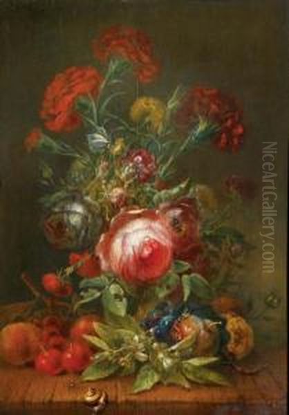 Roses, Carnations, Poppies And 
Other Flowers In A Vase, With Cherries, Grapes And Peaches On A Wooden 
Ledge Oil Painting by Rachel Ruysch