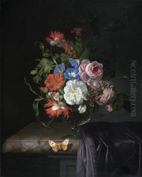 Rosen, Klatschmohn, Eine 
Goldblume Und Verschiedene Blatter Mit Schmetterlingen Und Einer Libelle
 In Einer Glasvase Auf Einer Gedeckten Marmorplatte. 1686. Oil Painting by Rachel Ruysch