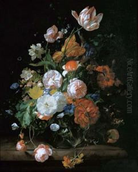 Roses, Tulips And Other Flowers In A Glass Vase On A Stone Ledge Oil Painting by Rachel Ruysch