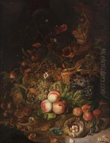 A Forest Floor Still Life With 
Grapes, Peaches, Plums And Other Fruit Along With Snails, A Lizard And 
Other Animals Oil Painting by Rachel Ruysch