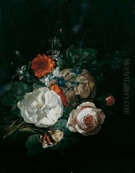 Blumenstilleben. Vor Dunklem 
Hintergrund Auf Einer Steinplatte Rosen Und Gerbera. Auf Den Blattern 
Zwei Schmetterlinge Und Eine Biene. Oil Painting by Rachel Ruysch