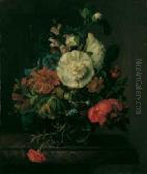 Blumenstilleben. Auf Einer 
Marmorierten Tischplatte Eine Glasvase Mit Einem Bunten 
Blumenarrangement. Oil Painting by Rachel Ruysch