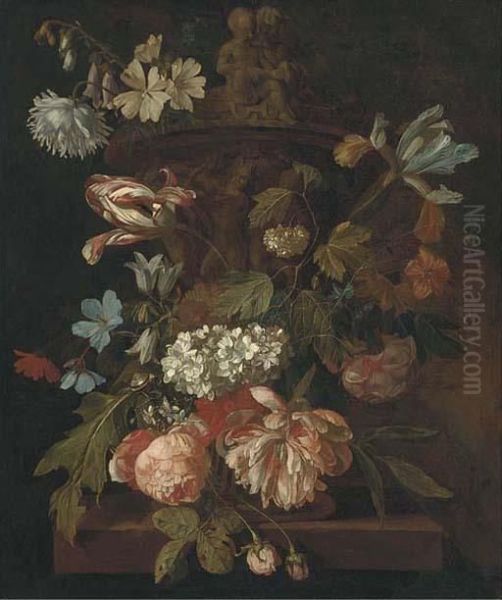 Roses, A Parrot Tulip, Morning 
Glory, Narcissi And Other Flowers,with A Snail, Around A Stone Urn On A 
Ledge Oil Painting by Rachel Ruysch