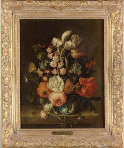 Still Life Of Flowers In A Glass Vase Resting On A Ledge Oil Painting by Rachel Ruysch