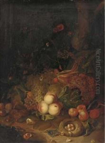 Apples, Pears, Grapes, Corn, 
Pomegranates, A Birds Nest With Eggswith Butterflies, A Lizard And Other
 Insects In A Woodedclearing Oil Painting by Rachel Ruysch