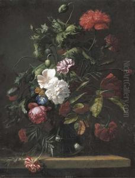 Roses, Carnations, Morning Glory And Other Flowers In A Glass Vase On A Stone Ledge Oil Painting by Rachel Ruysch