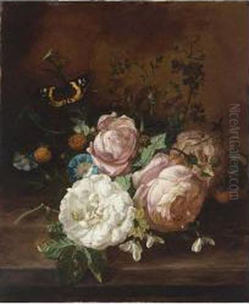 A Still Life With Roses, Morning Glory, Lily-of-the-vally, And Other Oil Painting by Rachel Ruysch