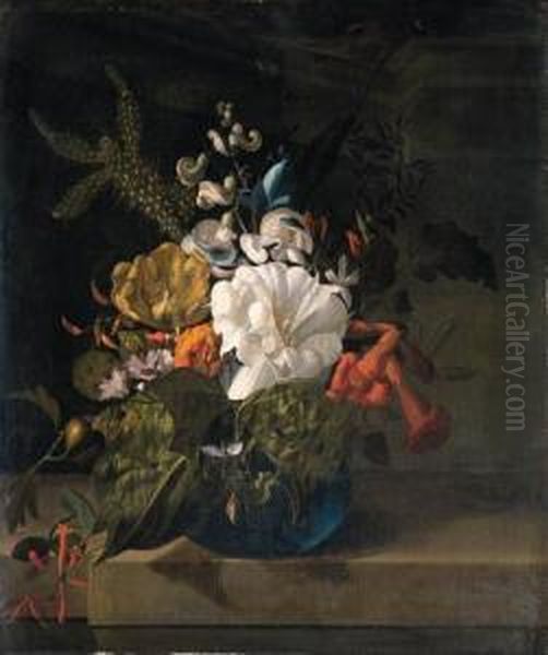 A White Gentian, A Cactus, A Tulip And Exotic Flowers In A Glassvase On A Ledge Oil Painting by Rachel Ruysch