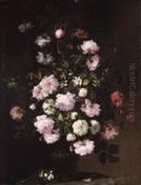 Roses And Orange Blossom In A Vase On A Pedestal Oil Painting by Rachel Ruysch