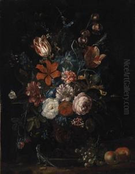 Roses, Tulips, Lillies, 
Carnations, Convolvulus And Other Flowersin An Ornamental Vase With 
Apples, Grapes, And A Lizard On Aledge Oil Painting by Rachel Ruysch