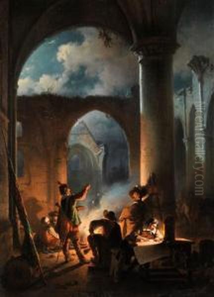 Landsknechte In Einer Ruine Beinachtlichem Feuer Oil Painting by Jan Michael Ruyten