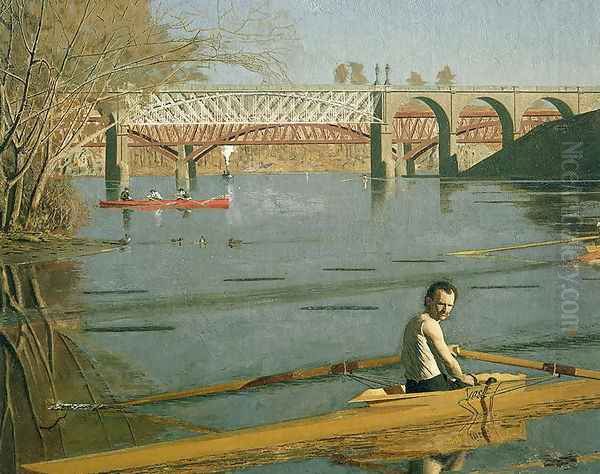 Max Schmitt in a Single Scull, 1871 (detail-2) Oil Painting by Thomas Cowperthwait Eakins