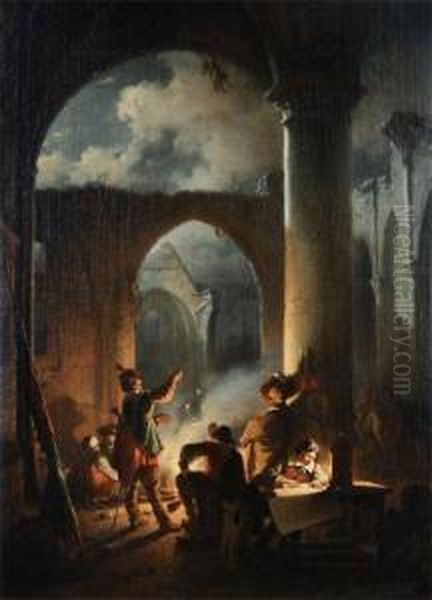 Infantry Near The Campfire Under The Ruins Of A Cathedral Oil Painting by Jan Michael Ruyten