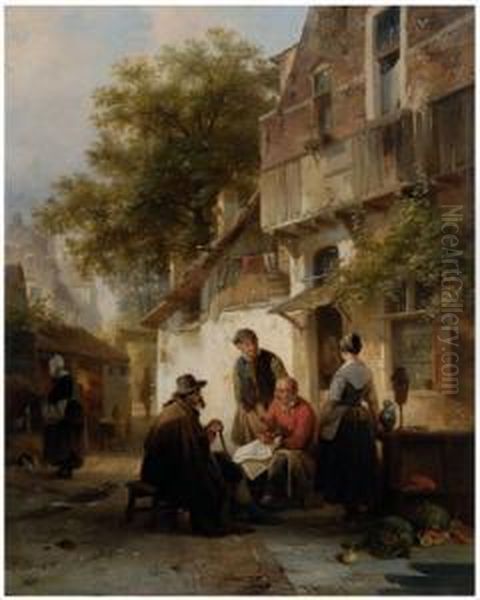 Towns People Conversing In A Street In Antwerp Oil Painting by Jan Michael Ruyten