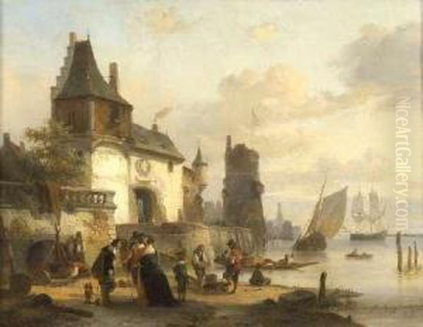 Elegant Figures By The Quayside Oil Painting by Jan Michael Ruyten