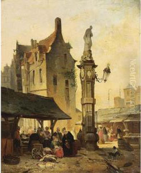 A Busy Market Oil Painting by Jan Michael Ruyten