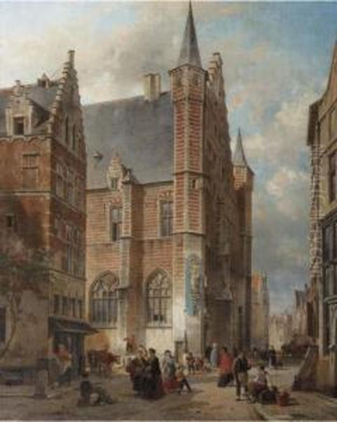 Bustling City Life Around The Vleeshal, Antwerp Oil Painting by Jan Michael Ruyten