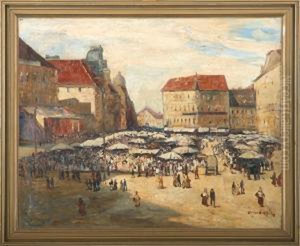 Market Scenery, Probably Linz In Austria Oil Painting by Hans Ruzicka-Lautenschlager