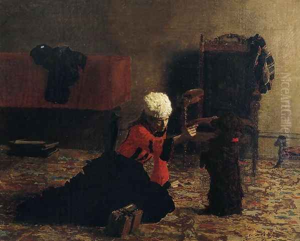 Elizabeth Crowell with a Dog Oil Painting by Thomas Cowperthwait Eakins