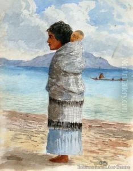 Maori Woman & Child, Lakeside Oil Painting by Thomas Darby Ryan